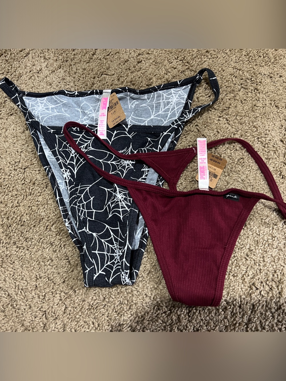 PINK Victoria's Secret Maroon Ribbed & Black Spiderweb Panty Set